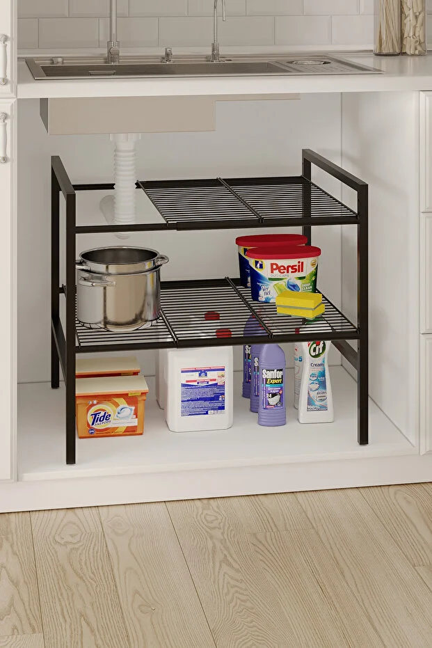 Dolap İçi Tezgah Altı Raf Metal Ayarlanabilir Organizer Mutfak Banyo Çok Amaçlı Düzenleyici